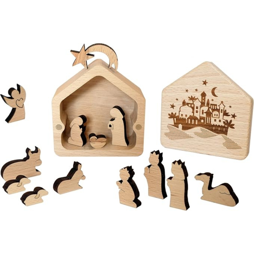 Wooden nativity scene with box